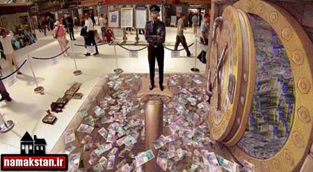 نقاشی سه بعدی از گاو صندوق بانک و دلارهای ریخته شده روی زمین