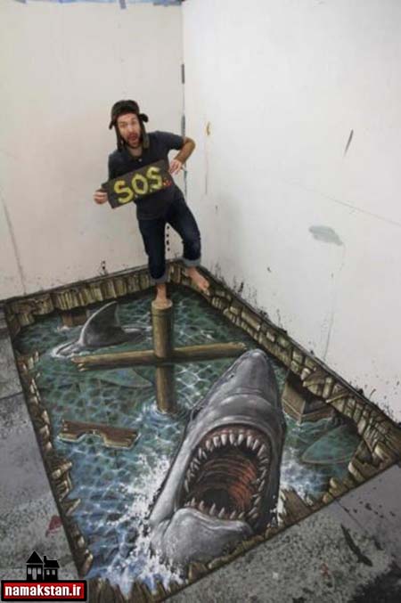 نقاشی 3D از حمله کوسه ماهی گرسنه